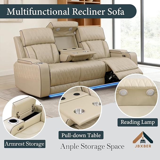 Power Recliner Sectional Sofa Set, Beige Leather Sectional Couch and 3 Seater Sofa for Living Room, L Shape Reclining Sofa with Cup Holder, Hidden Storage, Drop-Down Table for House(9 Seat)