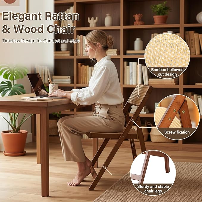 Rattan Folding Chairs, Modern Mid Century Dining Chairs Set of 2, Outdoor Bamboo Chairs for Bedroom Living Room Reading Room Dining Kitchen, Walnut