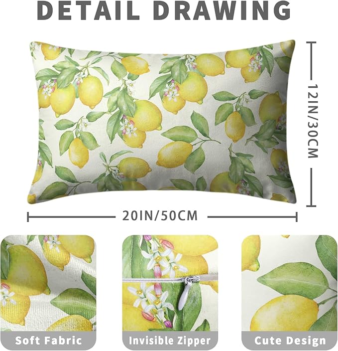 Lemon Pillow Covers 12x20 Set of 2 Yellow Green Fruits and Leaf Floral Throw Pillows Farmhouse Summer Outdoor Decorative Lumbar Pillow Case for Bed Couch Sofa Living Room