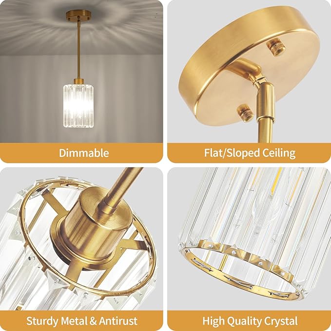 2 Pack Pendant Lights Kitchen Island, Modern Brushed Gold Pendant Light Fixtures, Kitchen Hanging Lights Mini Chandelier Crystal Pendant Lighting for Island Dining Room Hallway Bedroom