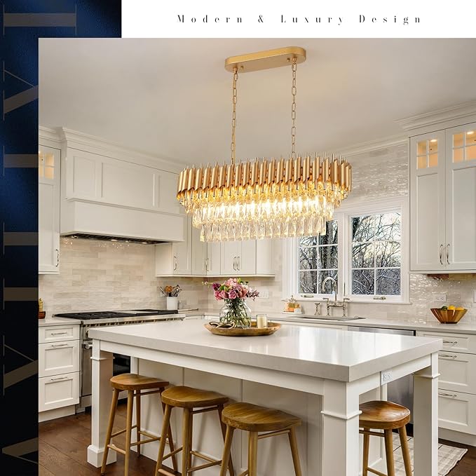 Modern Rectangular Chandelier Gold Crystal Chandeliers for Dining Room 8-Light Linear Ceiling Pendant Light Long 32” Luxury Oval Chandelier for Kitchen Island Living Room