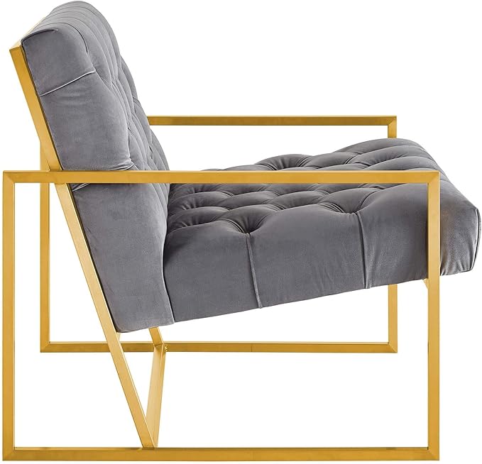 Modway Bequest Performance Velvet Upholstered Accent Lounge Arm Chair with Gold Stainless Steel Frame in Gray