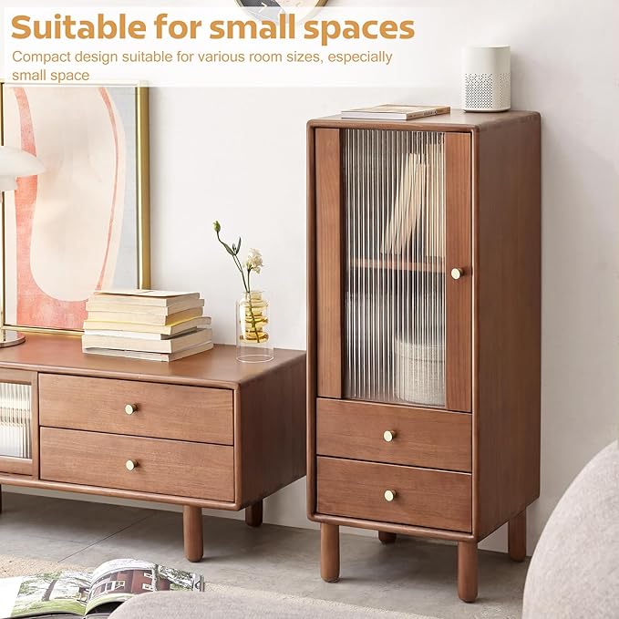 100% Solid Wood Storage Cabinet with Glass Doors and Drawers, Buffet Cabinet with Drawers, for Living Room, Reading Room, Kitchen (14" D x 15" W x 37" H)