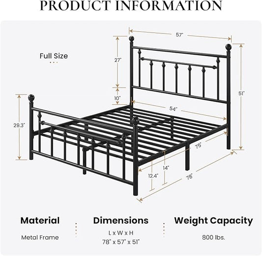 SHA CERLIN 14" Full Size Metal Platform Bed Frame/Victorian Headboard and Footboard/Steel Slats Mattress Foundation for Storage/No Box Spring Needed/Noise Free/Black