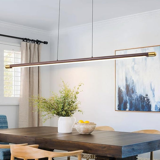 47.2" Wood Linear Pendant Light, Modern Dimmable LED Kitchen Island Lighting 3000K 20W Adjustable Hanging Chandelier for Dining Room Bar Office Walnut Color