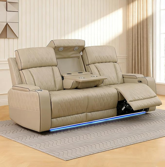 Power Reclining Sofa Set for Living Room, Leather Recliner Couch with Drop-Down Table, Power Pads, Reading Lights for House/Home Teather(3 Seater Sofa, Beige)