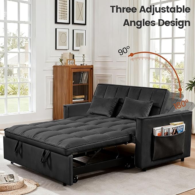 3 in 1 Convertible Sofa Bed, Loveseat Sleeper Sofa Bed with Side Pockets, Velvet Fabric Pull Out Couch with Adjustable Backrest for Living Room, Bedroom, Apartment, Black