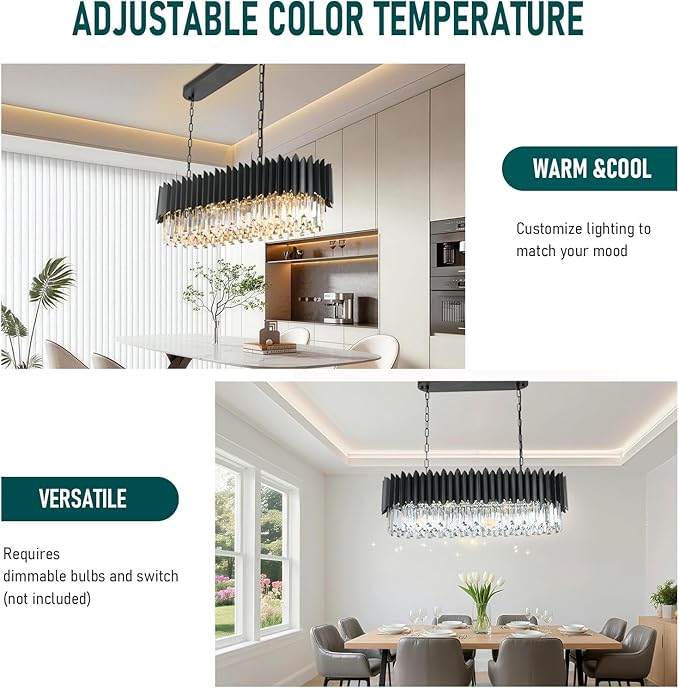L33 Black Crystal Chandelier Large 8 Light Fixture 3-Tier K9 Modern Chandeliers for Dining Room Kitchen Island