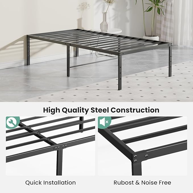 Sweetcrispy Twin XL Size 18 Inch Platform Bed Frame, Heavy Duty Metal Foundation Frame, Noise-Free Sturdy Steel Slats, Underbed Storage, No Box Spring Needed, Quick Setup