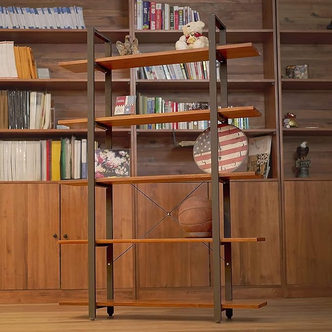 CONSDAN Industrial Bookshelf, USA Grown Hardwood, Real Wood Bookshelves, Modern Open Rustic Bookcase, Storage Shelf, Display Shelf, Poplar Solid Wood-5 Tier Shelf
