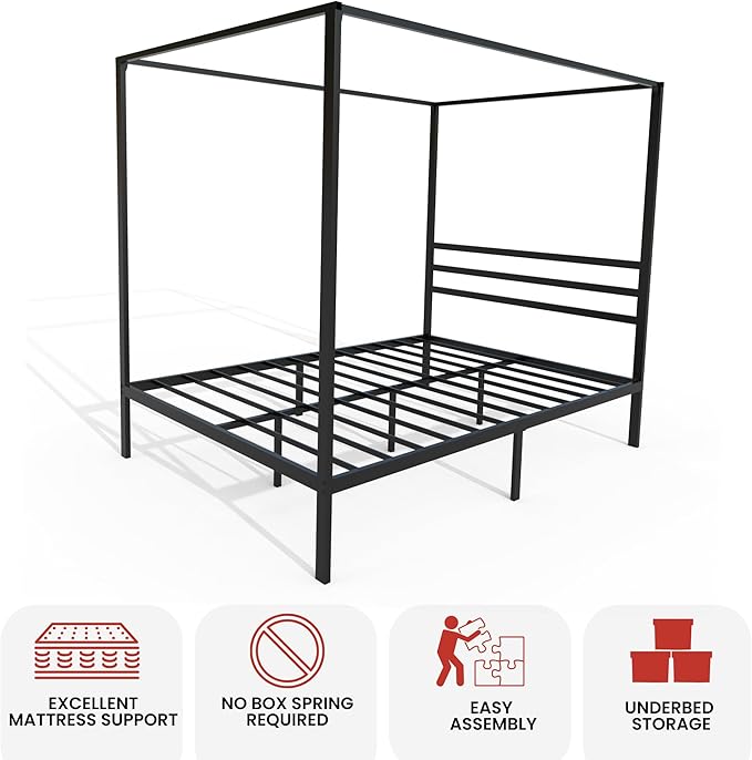 Golden Gate Beds Canopy Bed Frame with Four Poster Design, Strong Metal Slats and Built-in Headboard, Fits Drapes or Curtains, No Box Spring Needed, Girls or Teen Princess Style, Black, Queen Size