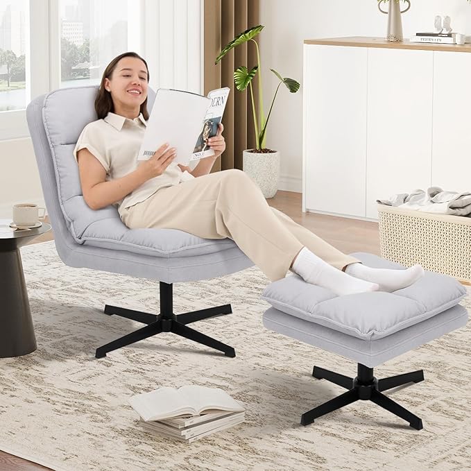 Swivel Accent Reading Chair with Ottoman, Modern Velvet Upholstered Lounge Chair with 360° Swivel and Criss-Cross Legs, Comfy Reading Chair for Bedroom, Living Room,Supports 300 lbs,LightGray 2pc