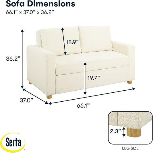Serta Tulsa 66.1" Convertible Sleeper Loveseat, Full Size, Dreamcoil Comfort, FingerGuard Pinch Point Protection, Boucle Fabric, Ivory