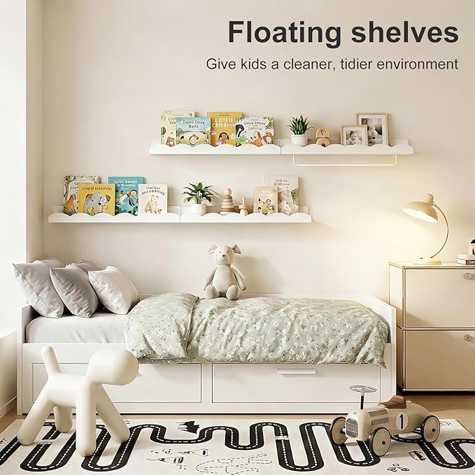 Fixwal Nursery Shelves, 16.5 Inch Floating Bookshelves for Wall Set of 4, Scalloped Wall Book Shelves with Towel Rack for Kids, Toddler Room, Baby Room, Nursery Decor and Storage(White)