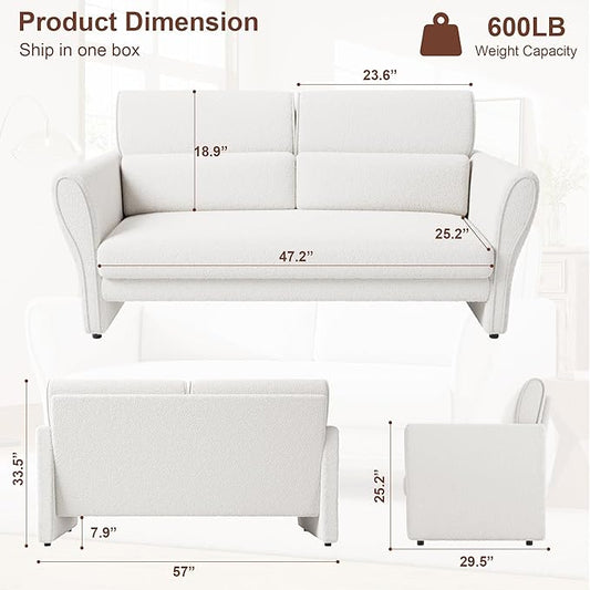 IDEALHOUSE Couches for Living Room, 57" Loveseat Sofa, Modern Boucle Small Couch with High Backrest and Removable Lumbar Pillows, Easy Assembly, Upholstered Comfy Sofa for Bedroom Office, Ivory