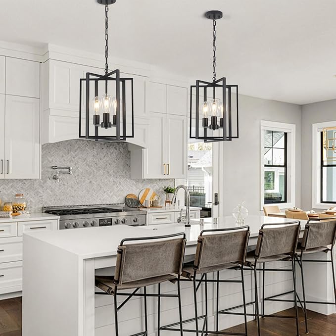 Black Farmhouse Modern Chandelier Light Fixture for Dining Room, 3 Light Rustic Kitchen Island Metal Pendant Hanging, Adjustable Geometric Foyer Light Fixtures for Entryway Hallway Living Room
