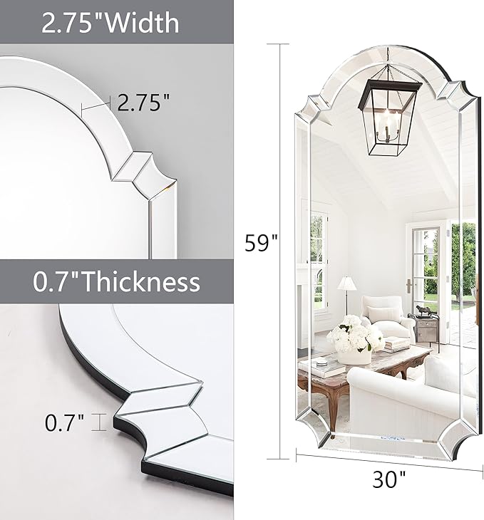 Chende Arched Full Length Mirror, 59" x 30" Large Decorative Wall Mirror with Beveled Glass Frame for Wall Decor Living Room, Bathroom, Bedroom, Dining Room, Unique Design
