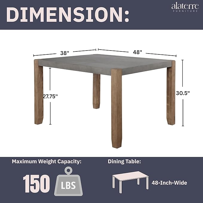 Alaterre Furniture Newport Kitchen Table Collection – 48” x 30” Dining Table for 4 with Faux Concrete Gray Top & Solid Wood Legs – Rustic Industrial Modern Farmhouse Dining Room Table