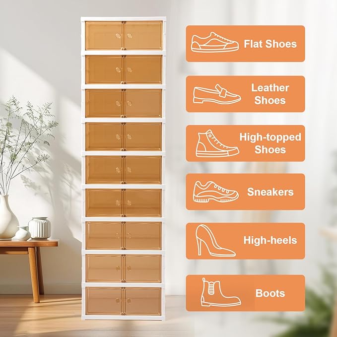 SAYMA 9 Tiers-18 Pairs Foldable Shoe Rack Organizer Plastic Collapsible Shoe Shelf Clear Shoe Boxes Stackable with Door Easy Assembly Shoe Cabinet for Entryway, Living Room (9 Tiers-18 Pairs)