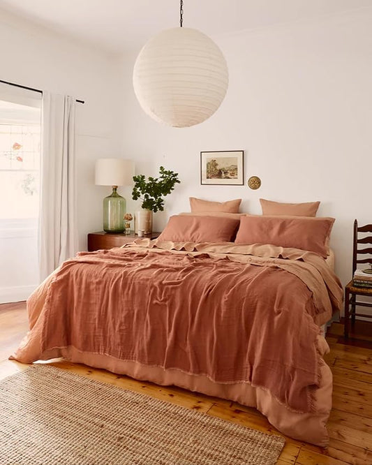 Bed Threads - Linen Muslin Throw - 100% French Flax Linen - Double-Layered & Frayed Edge - Eco-Friendly - Soft & Delicate Blanket - Two-Tone Design - Machine Washable - 87” x 59” - Terracotta/Hazelnut