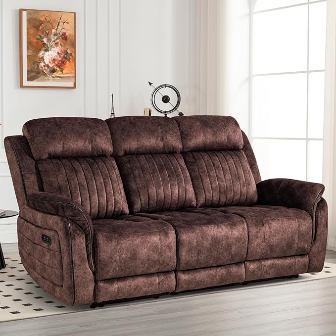 Power Reclining Sofa with Zero Gravity, Adjustable Headrest, Electric Reclining Couch with Wireless Charge, USB/Type-C Ports, Wall Hugger Couches for Living Room (Brown, 3 Seater Sofa)