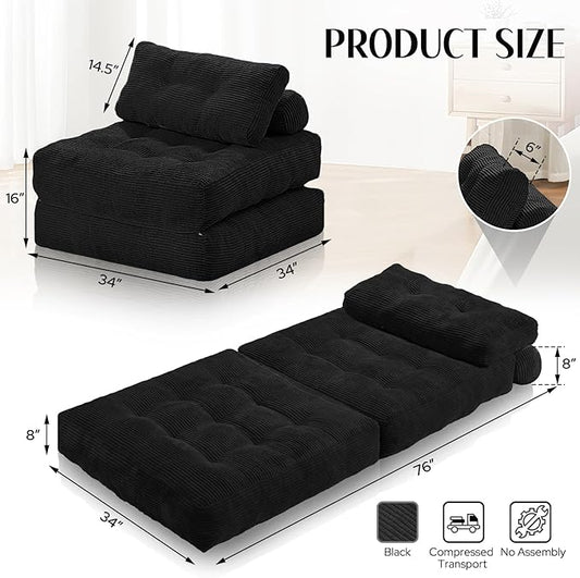 HABUTWAY Folding Sofa Bed, Convertible Sleeper Chair Bed w/Dual-Pillow & Handle, Foldable Floor Sofa Lounge w/Back Support for Living Room, Bedroom, Apartment, Office, Single, Black