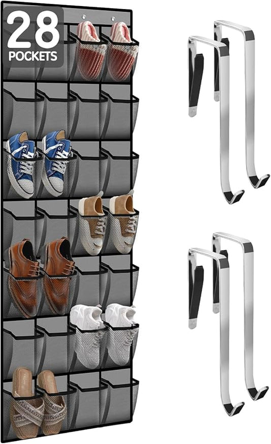 28 Compartment Over the Door Shoe Organizer, Breathable Mesh Large Shoe Rack for Closet Storage, Space Saving Hanging Shoe Holder with Reinforced Hooks (Fits Men & Women,Gray-01)