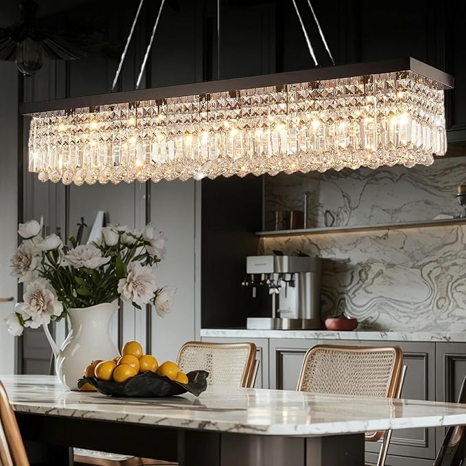 Modern Crystal Chandelier for Dining Room, 8-Light Black Rectangle Pendant Ceiling Light Fixture for Kitchen Island Bar, L40 x W10 x H10