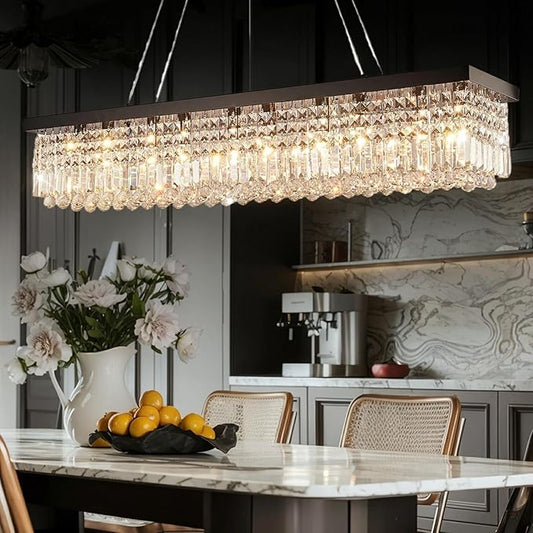 Modern Crystal Chandelier for Dining Room,10-Light Black Rectangle Pendant Ceiling Light Fixture for Kitchen Island Bar, L47 x W10 x H10
