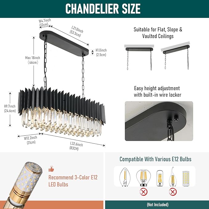 L33 Black Crystal Chandelier Large 8 Light Fixture 3-Tier K9 Modern Chandeliers for Dining Room Kitchen Island