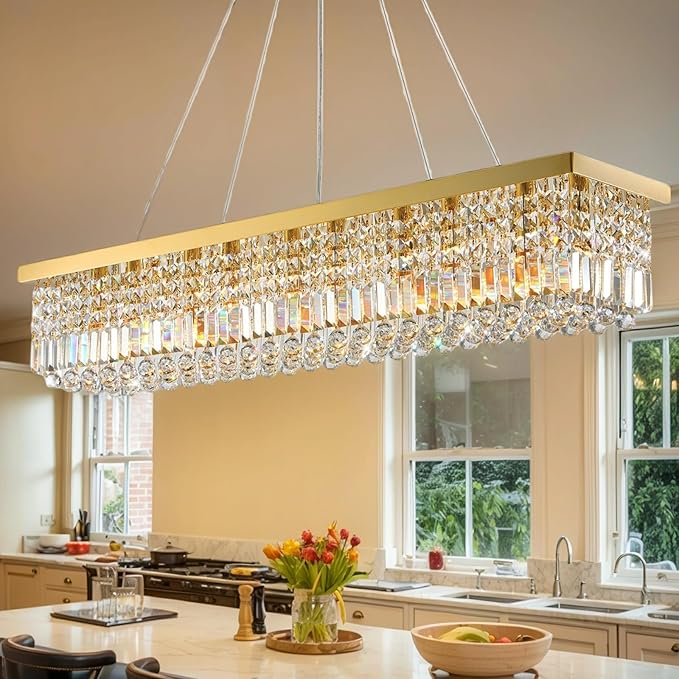 Modern Crystal Chandelier for Dining Room 8-Light Gold Rectangle Chandeliers K9 Crystal Ceiling Light Fixture Hanging Pendant Lights Kitchen Island Bar Bedroom Party Wedding Hotel