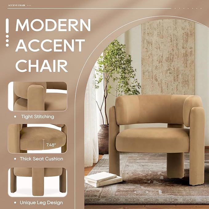 COLAMY Modern Accent Chair Set of 2, Velvet Accent Chairs, Upholstered Barrel Chairs with Solid Wood Legs, Comfy Side Chair for Living Room, Bedroom, Reading, Cozy Reading Chair,Khaki