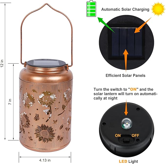 Sunflower Solar Lanterns Outdoor Waterproof, Birthday Sunflower Gifts for Women, Mom, Metal Hanging Solar Lights Outdoor for Patio Porch Yard Backyard Garden Decor