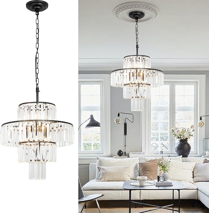 Black Crystal Chandelier, 7-Light 4 Tiers 19.68" Crystal Light, Adjustable Hanging Metal Ceiling Lighting Fixture, Modern Foyer Dining Room Chandeliers for Bedroom,Hallway,Kitchen