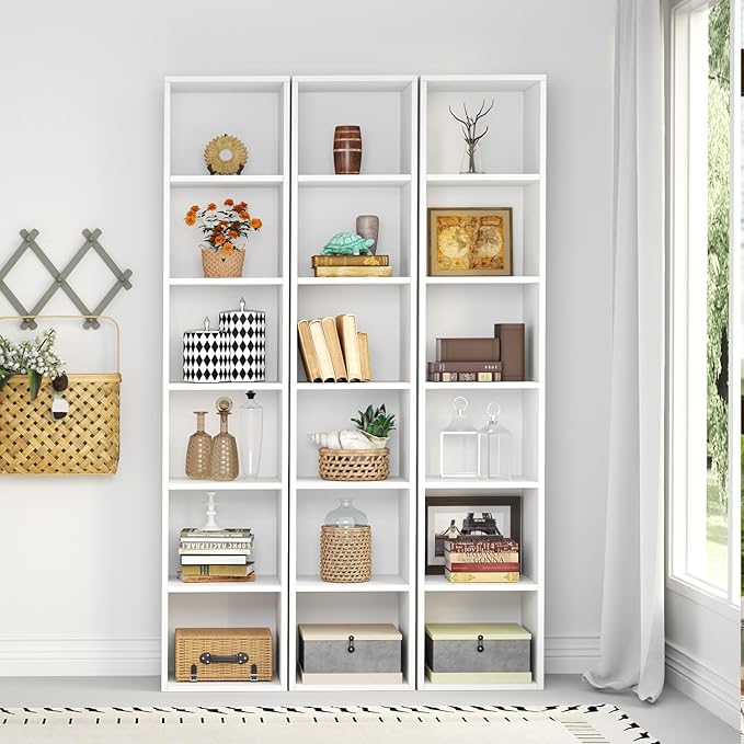 71.5" Tall Bookshelves and Bookcases Set of 2, 6 Tier Display Storage Shelves Home Decor Furniture for Home Office, Living Room, Bed Room (White, 11.8" Narrow)