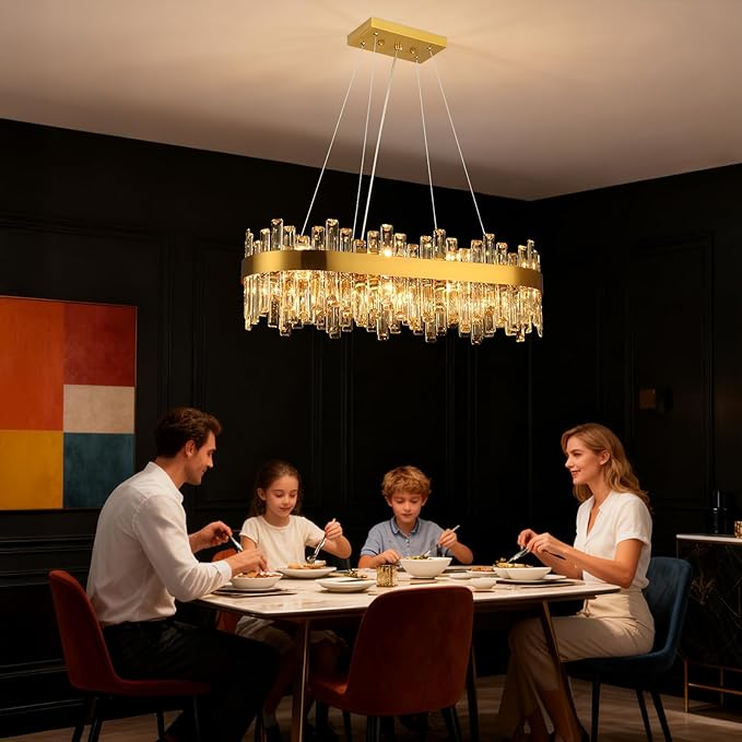 Gold Crystal Chandeliers for Dining Room Lights Fixtures Over Table, 16 Lights Modern Rectangle 2-Tier Chandeliers for Kitchen Island Bar L32 Inch