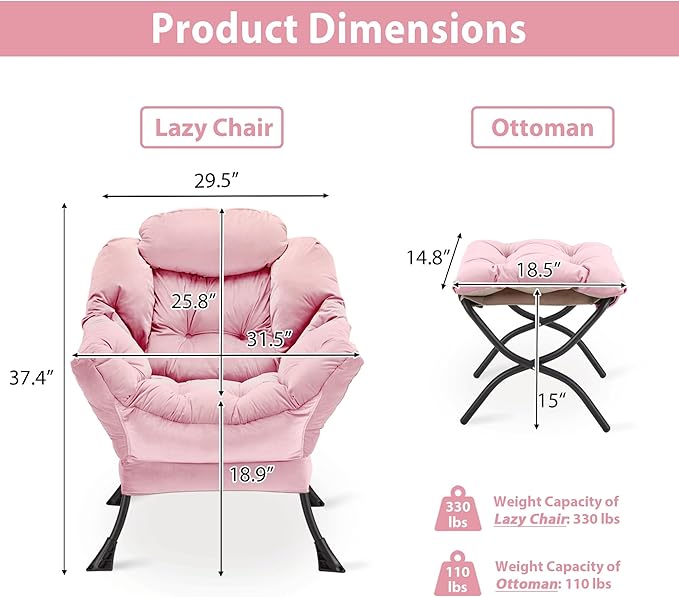 Lazy Chair with Folding Ottoman, Accent Chair Velvet Upholstered with Metal Structure and Non-Slip Pads, Sofa Armchair with Footrest and Side Storage Bag for Dorm, Room, Office, Pink