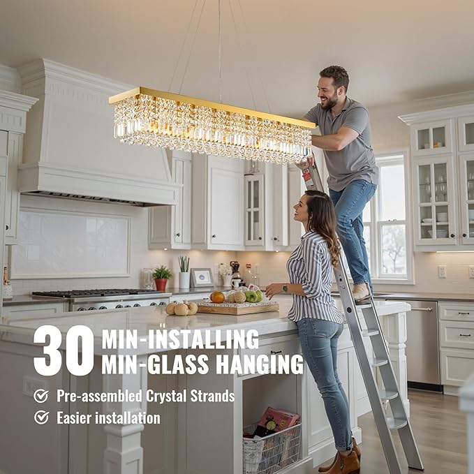 Modern Crystal Chandelier for Dining Room,10-Light K9 Rectangle Farmhouse Chandeliers,Gold Chandeliers,Pendant Light Kitchen Island Bar Bedroom Party Wedding Hotel