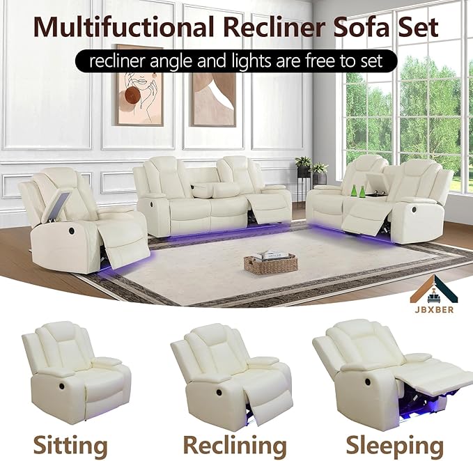 Power Reclining Sofa Sets for Living Room, Leather Recliner Sofa Set with LED Light, Cup Holder, Console Storage, Charging Pad for Home Theater Seating(Loveseat and Chair,Cream)