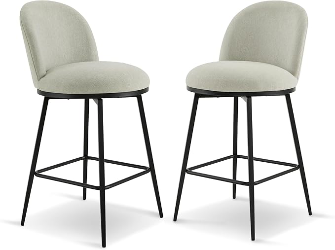 Swivel Bar Stools Set of 2, 26" H Upholstered Linen Fabric Barstools with Backs,Counter Height Stools with Metal Legs for Kitchen Island,Grey,1 Box