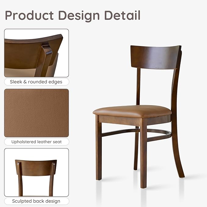 Livinia Mint Dining Chair Set of 2, Solid Malaysian Oak PU Leather Upholstered Cushion Seat, Straight Back Side Chairs (Walnut)