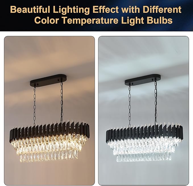 Modern Rectangular Chandelier Black and Gold Crystal Chandeliers for Dining Room Linear Ceiling Pendant Light Long 32” Luxury Oval Chandelier 8 Lights for Kitchen Island Living Room