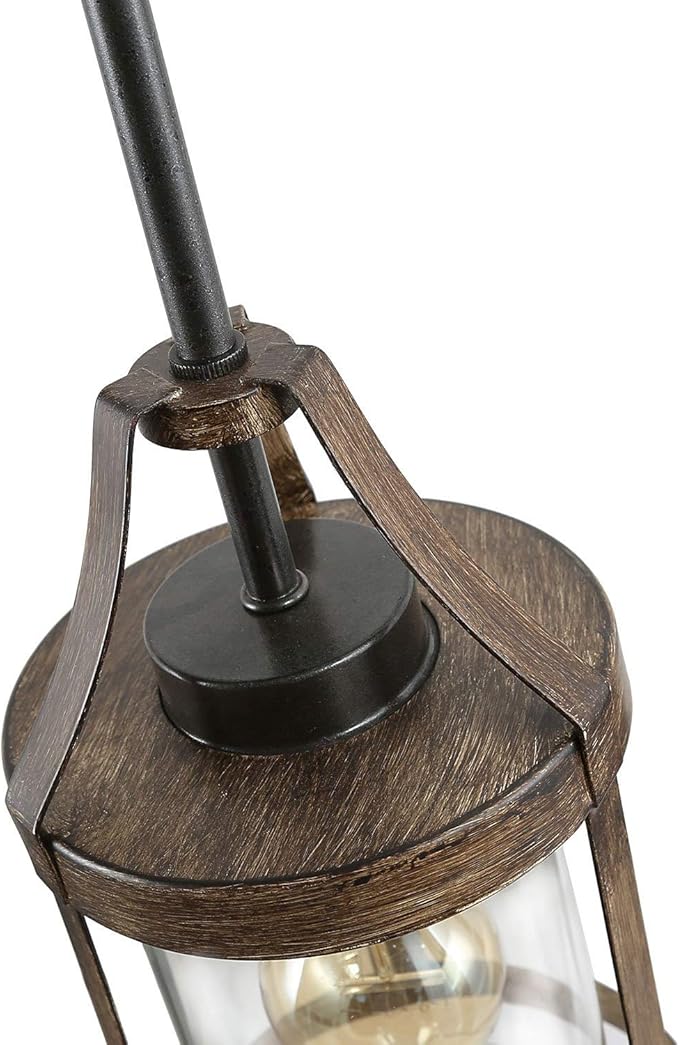 Farmhouse Wood Chandelier, Round Wagon Wheel Light Fixture with Seeded Glass Shades & LNC Farmhouse Mini Faux Wood Pendant Lighting with Clear Cylinder Glass Shade, Brown