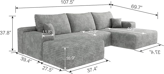 107" U Shaped Corduroy Couch with Ottoman, Compression Boneless Sofa, Deep Seat Cloud Modular Couch, Comfy Sectional Couches for Living Room Bedroom, No Assembly, Right Facing Chaise, Grey