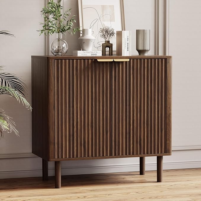 Sideboard Buffet Cabinet with Storage, Modern Fluted Accent Credenza with Doors & Adjustable Shelves, Wood Coffee Bar Console Table for Living Room, Dining Room, Kitchen, Entryway 31.5"Walnut