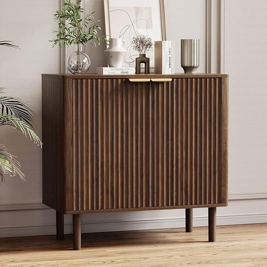 Sideboard Buffet Cabinet with Storage, Modern Fluted Accent Credenza with Doors & Adjustable Shelves, Wood Coffee Bar Console Table for Living Room, Dining Room, Kitchen, Entryway 31.5"Walnut