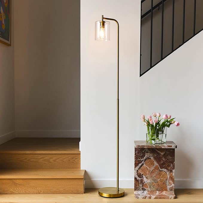 Brightech Elizabeth LED Floor lamp, Tall Lamp with Glass Shade & Edison Bulb, Industrial Lamp for Living Rooms & Offices, Vintage Standing Lamp for Bedroom in Farmhouse or Rustic Style - Gold