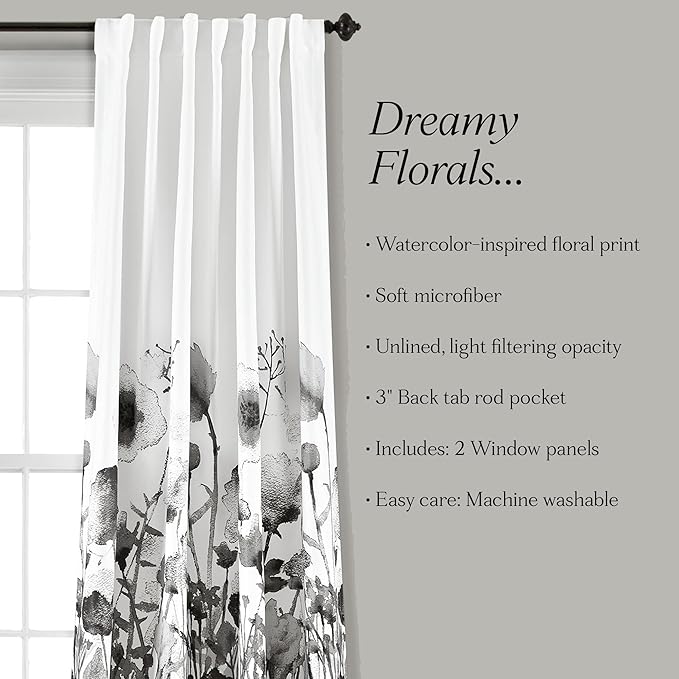 Lush Decor Zuri Flora Light Filtering Window Curtain Panel Pair, 52" W x 84" L, White & Black