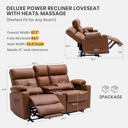 GUEAPY 68" Power Reclining Loveseat with Heat & Massage, Wall Hugger Double Reclining Sofa with Console, Cup Holders & Storage, Power Reclining Couch for Camper, Trailer, RV, Home Theater Living Room