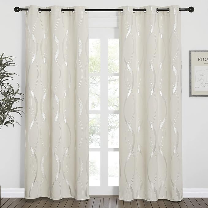 NICETOWN Blackout Curtains Panels for Bedroom, Microfiber Noise Reducing Thermal Insulated Wave Line Foil Print Design Blackout Curtains for Patio Sliding Glass Door (Beige, 2 Panels, 42 x 84 Inch)